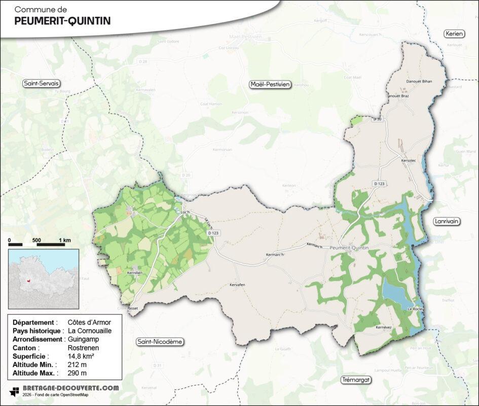 Carte de la commune de Peumerit-Quintin dans les Côtes d'Armor.