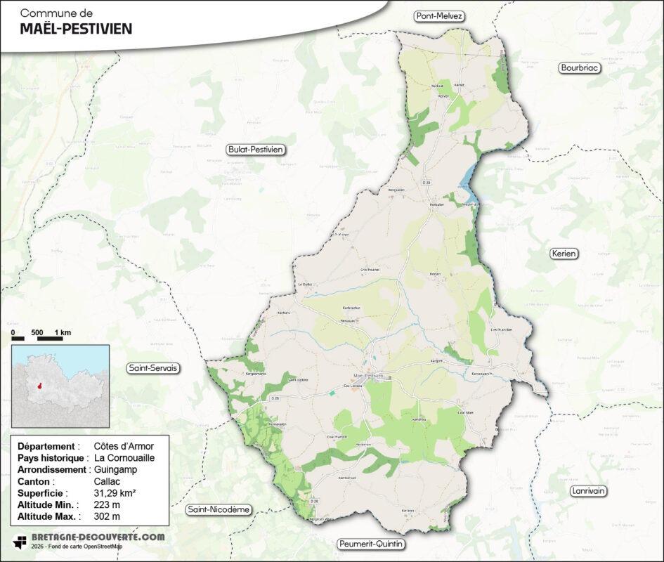 Carte de la commune de Maël-Pestivien dans les Côtes d'Armor.