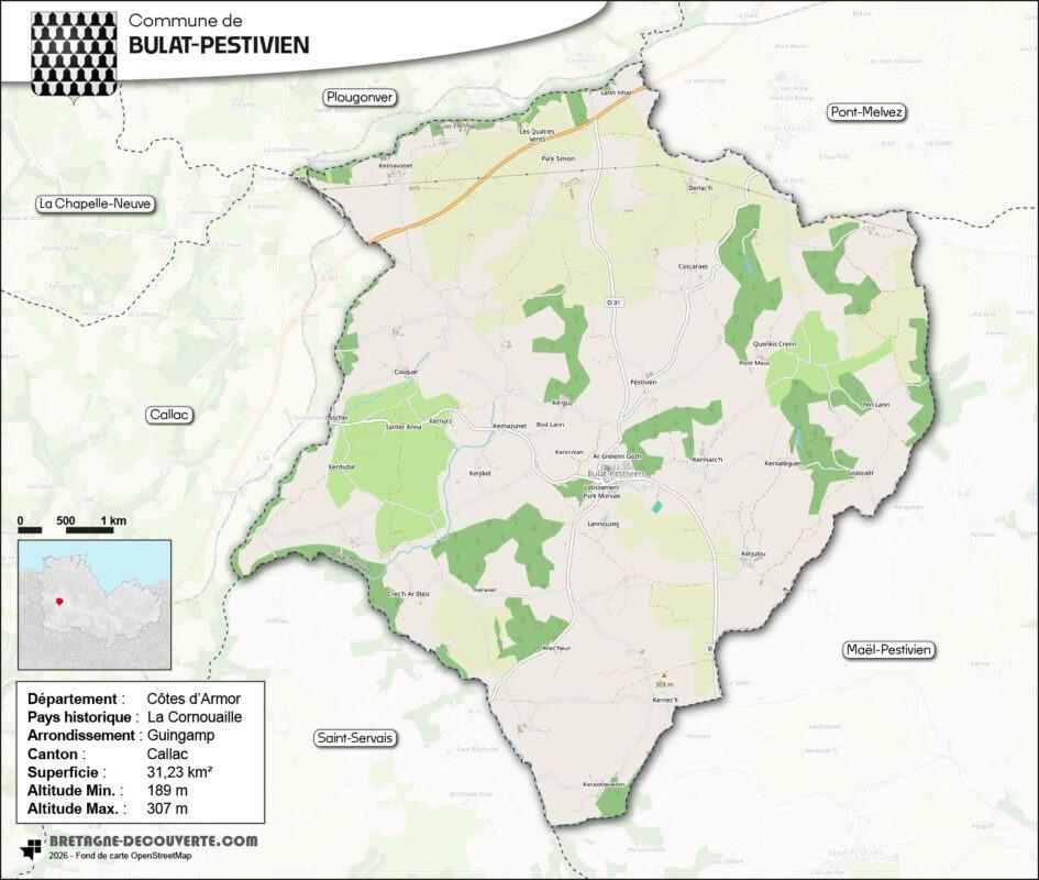 Carte de la commune de Bulat-Pestivien dans les Côtes d'Armor.
