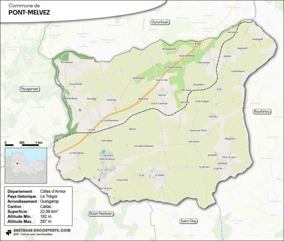 Carte de la commune de Pont-Melvez dans les Côtes d'Armor.