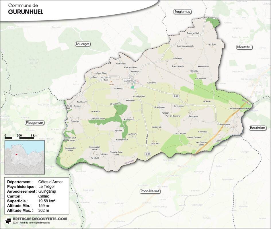 Carte de la commune de Gurunhuel dans les Côtes d'Armor.