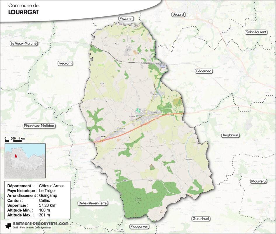 Carte de la commune de Louargat dans les Côtes d'Armor.