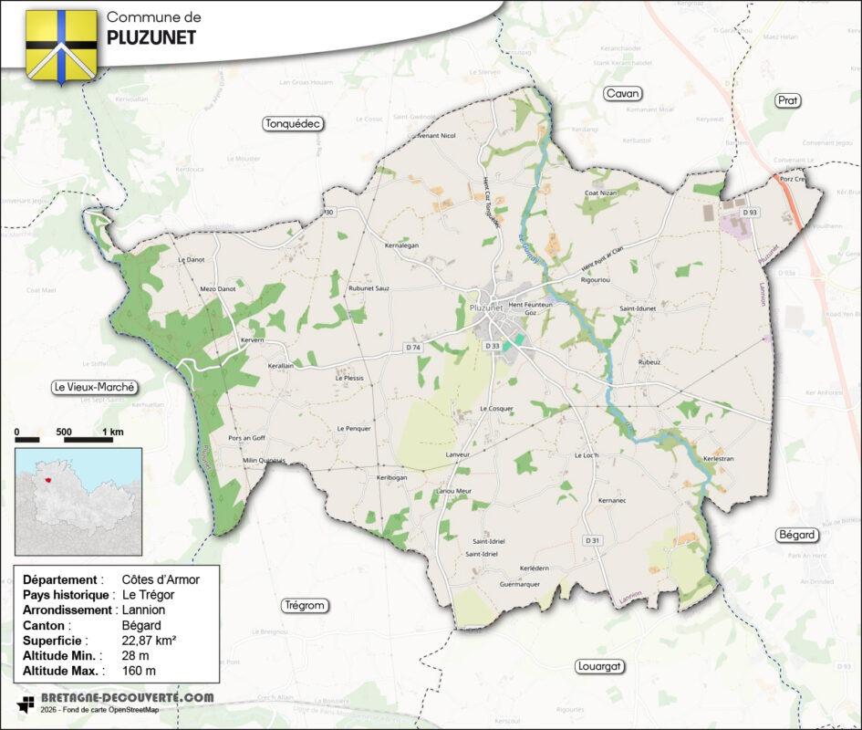 Carte de la commune de Pluzunet dans les Côtes d'Armor.