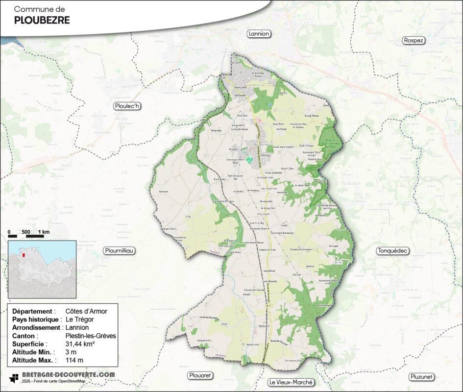 Carte de la commune de Ploubezre dans les Côtes d'Armor.