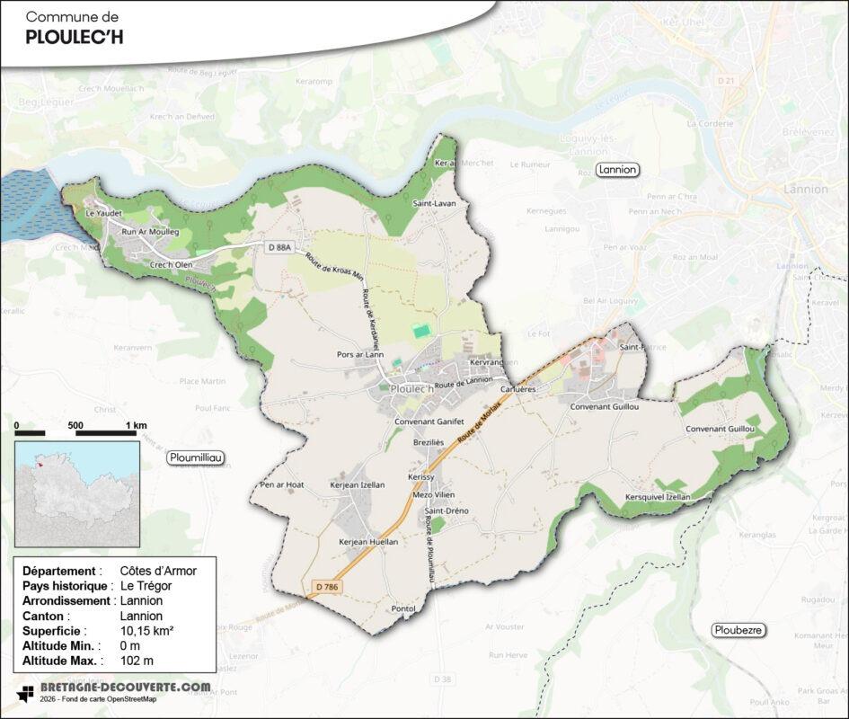 Carte de la commune de Ploulec'h dans les Côtes d'Armor.