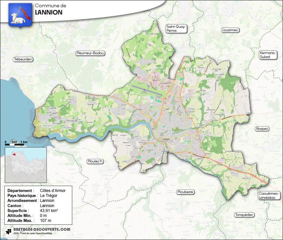 Carte de la commune de Lannion dans les Côtes d'Armor.