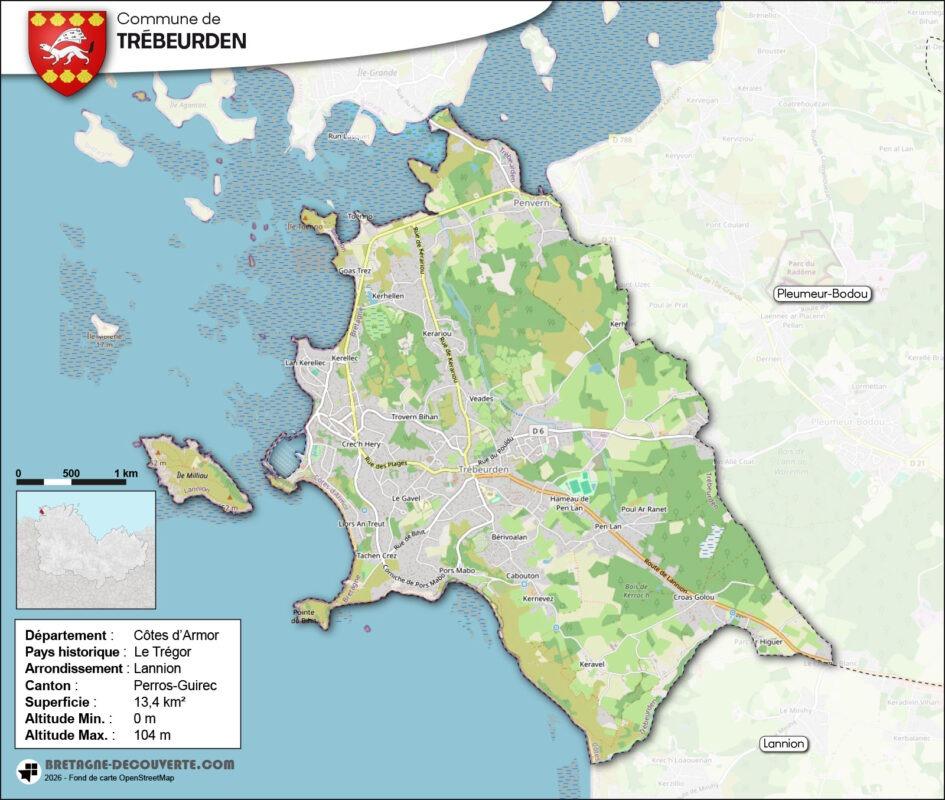 Carte de la commune de Trébeurden dans les Côtes d'Armor.