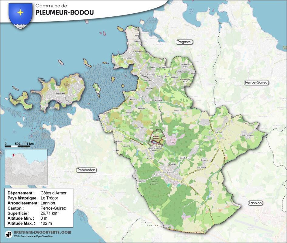 Carte de la commune de Pleumeur-Bodou dans les Côtes d'Armor.