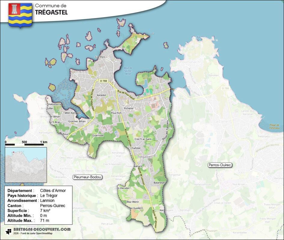Carte de la commune de Trégastel dans les Côtes d'Armor.