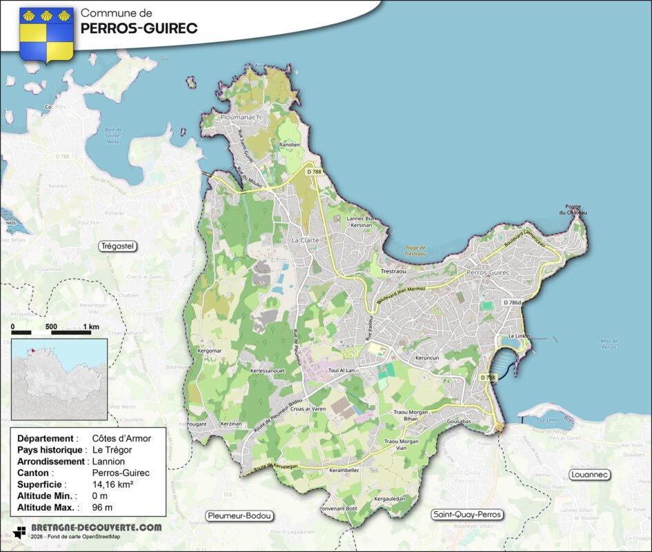 Carte de la commune de Perros-Guirec dans les Côtes d'Armor.
