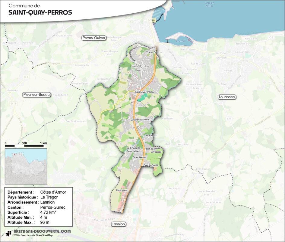Carte de la commune de Saint-Quay-Perros dans les Côtes d'Armor.