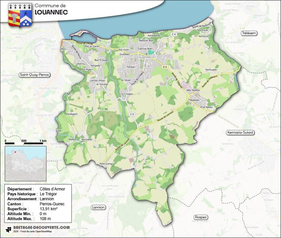 Carte de la commune de Louannec dans les Côtes d'Armor.