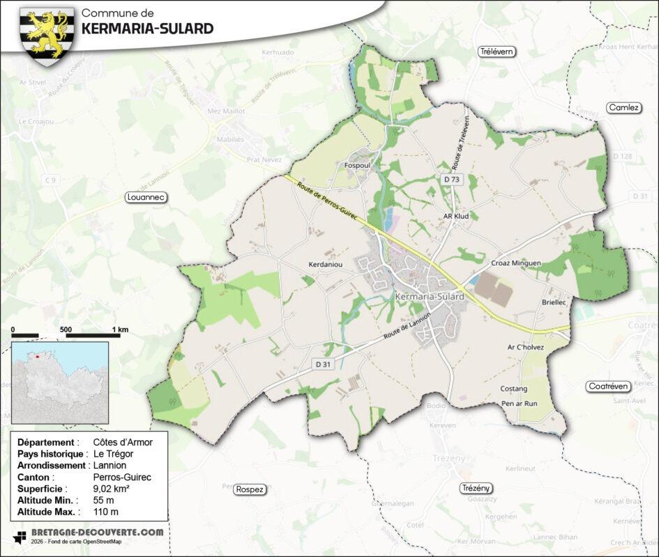 Carte de la commune de Kermaria-Sulard dans les Côtes d'Armor.