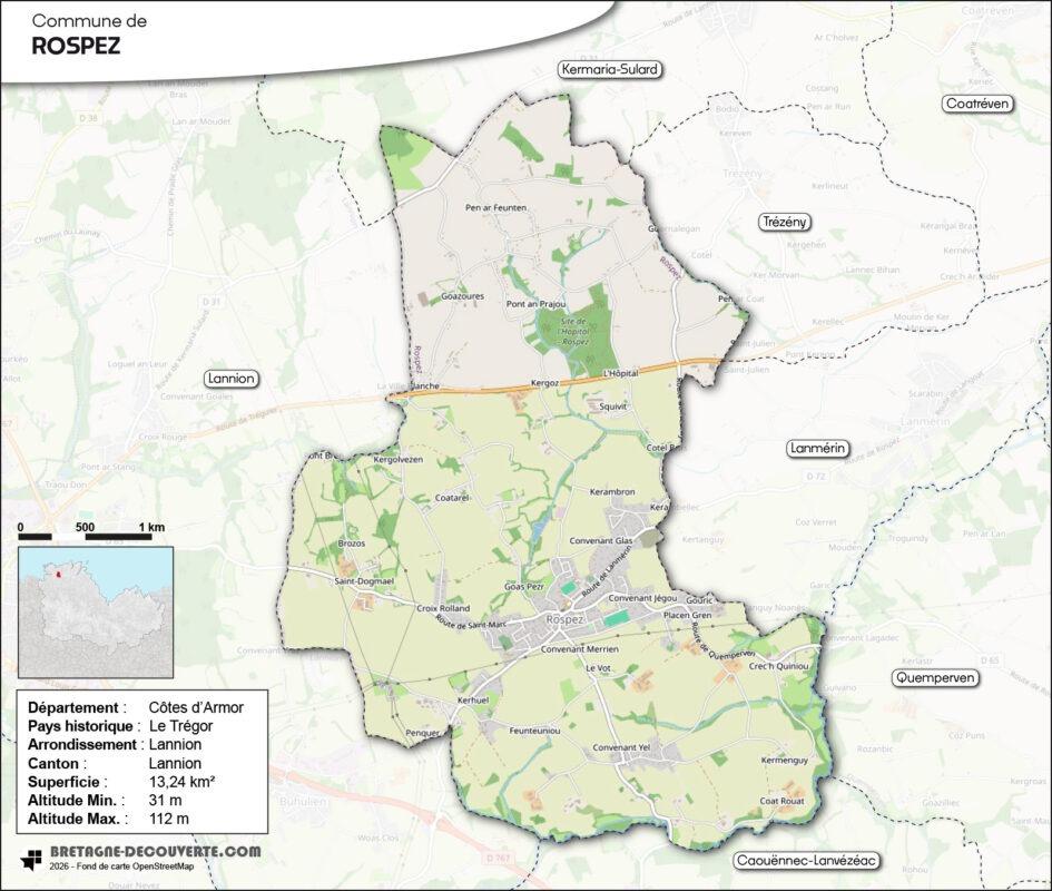Carte de la commune de Rospez dans les Côtes d'Armor.