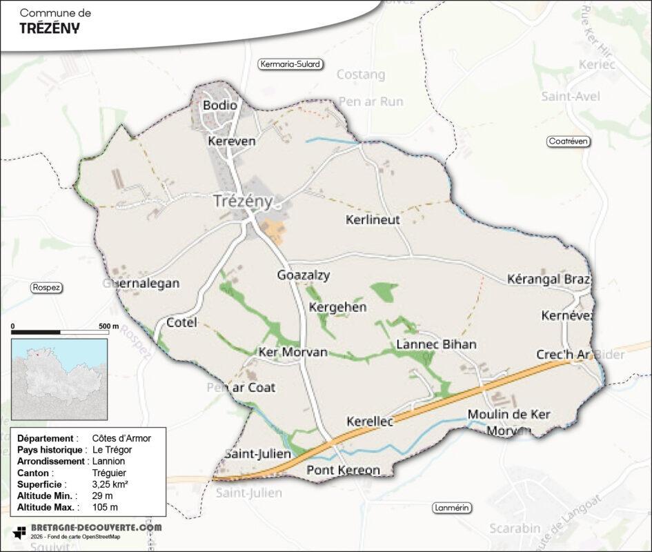 Carte de la commune de Trézény dans les Côtes d'Armor.