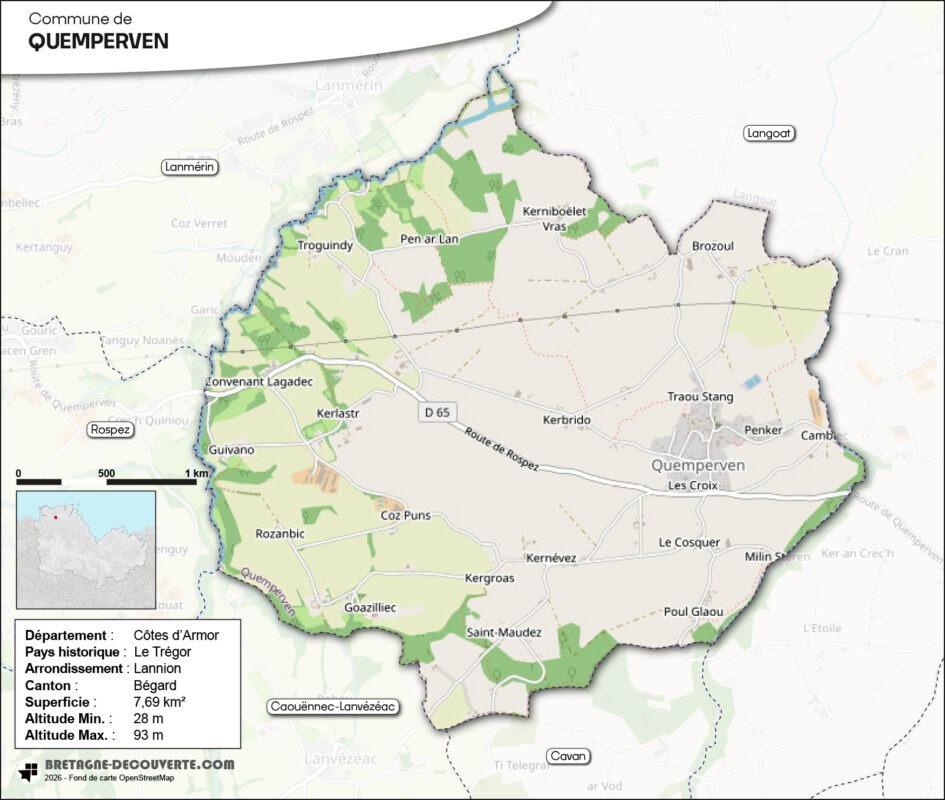 Carte de la commune de Quemperven dans les Côtes d'Armor.