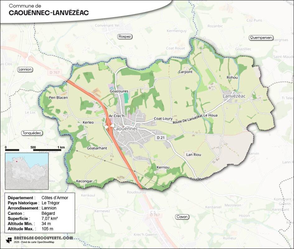 Carte de la commune de Caouënnec-Lanvézéac dans les Côtes d'Armor.