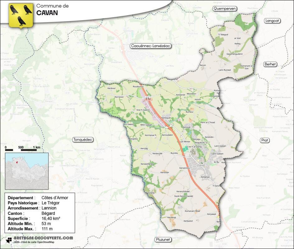 Carte de la commune de Cavan dans les Côtes d'Armor.