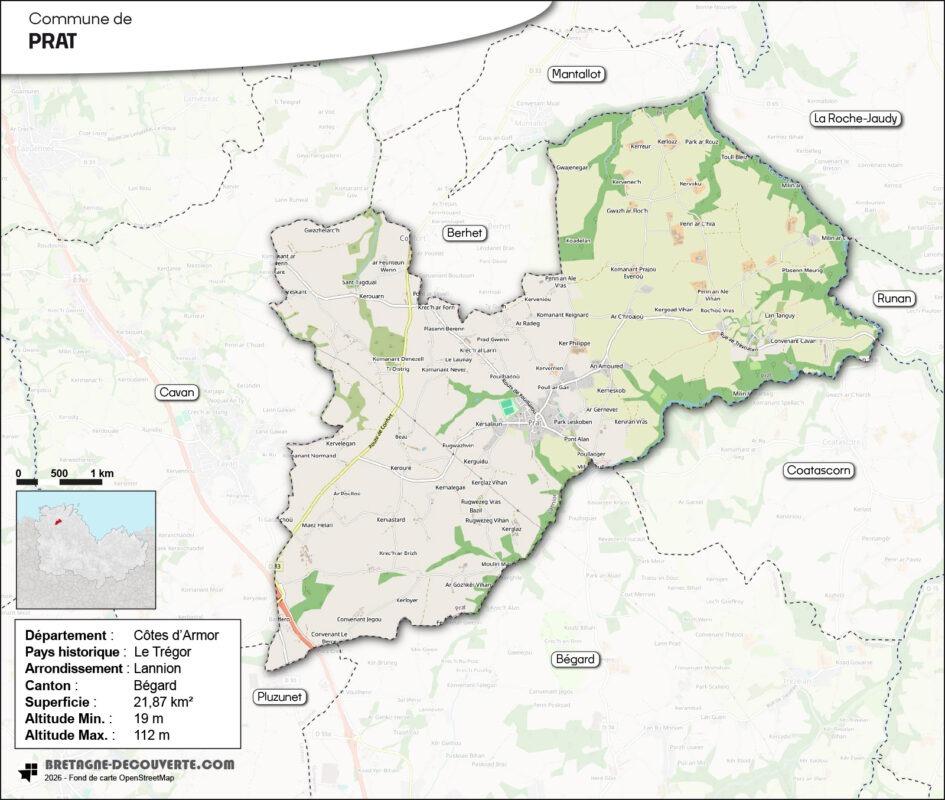 Carte de la commune de Prat dans les Côtes d'Armor.