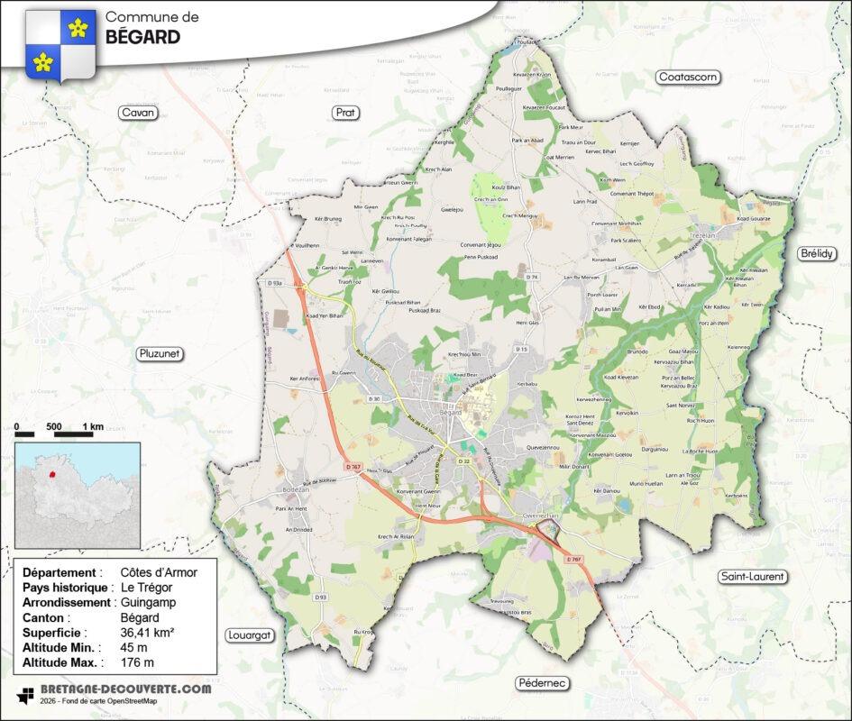 Carte de la commune de Bégard dans les Côtes d'Armor.