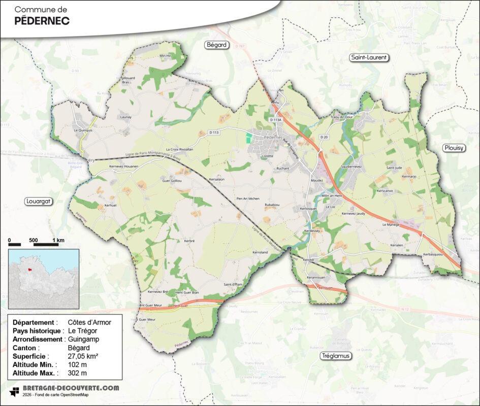 Carte de la commune de Pédernec dans les Côtes d'Armor.