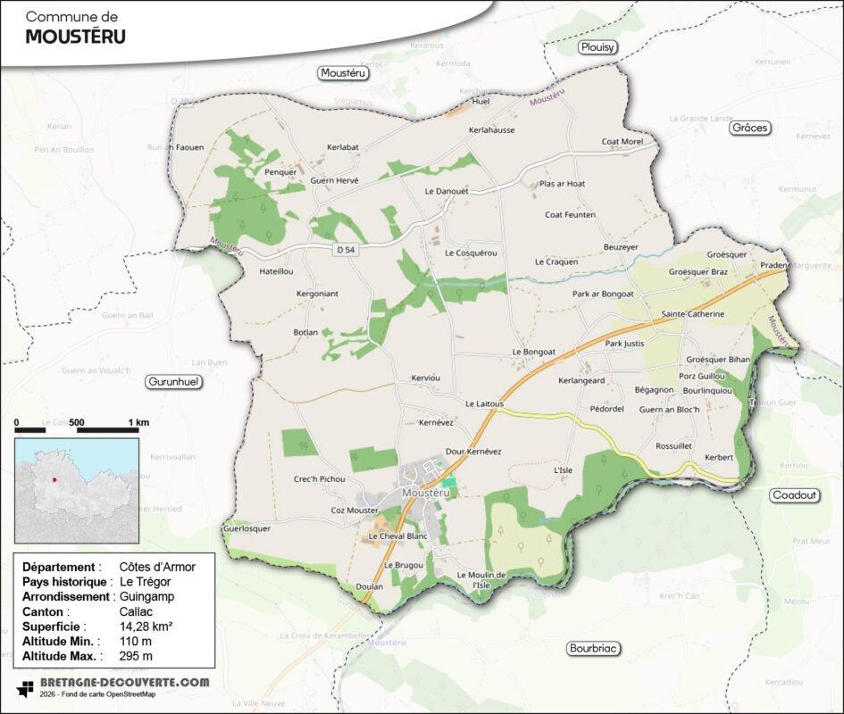 Carte de la commune de Moustéru dans les Côtes d'Armor.