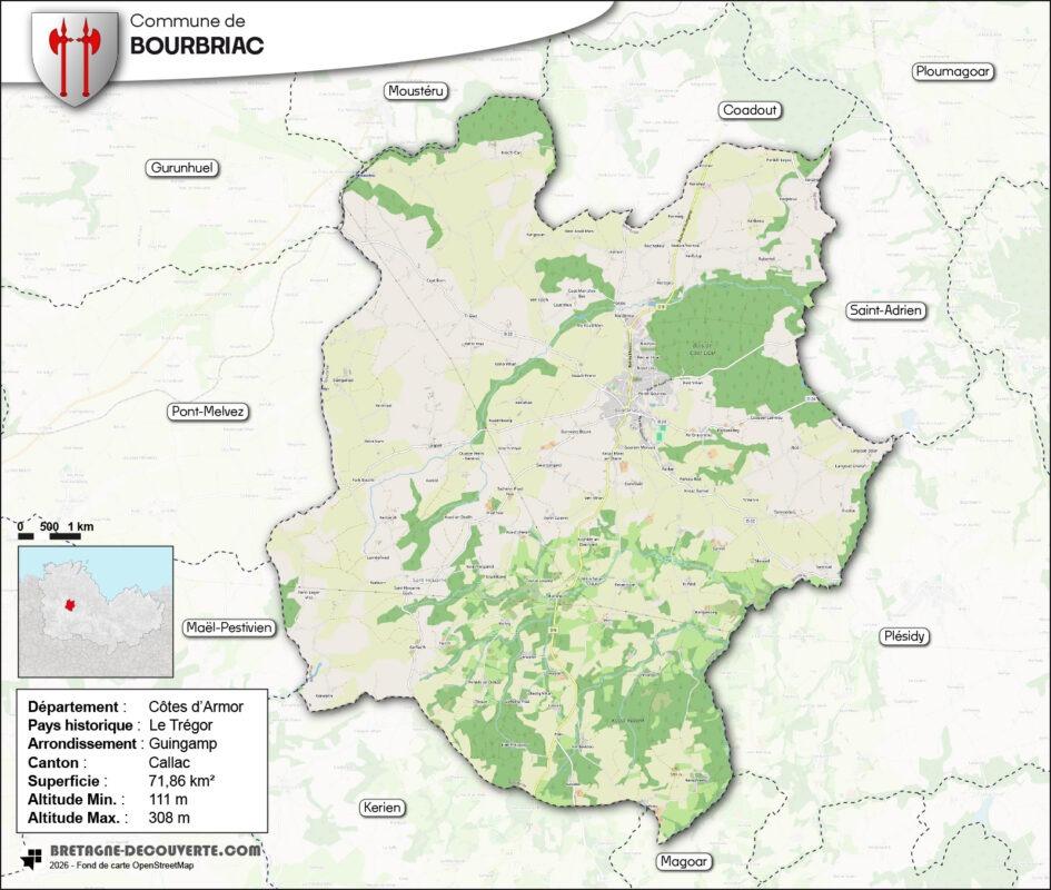 Carte de la commune de Bourbriac dans les Côtes d'Armor.