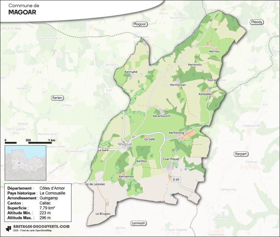 Carte de la commune de Magoar dans les Côtes d'Armor.
