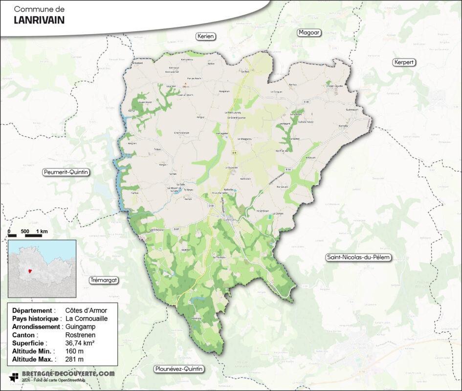 Carte de la commune de Lanrivain dans les Côtes d'Armor.