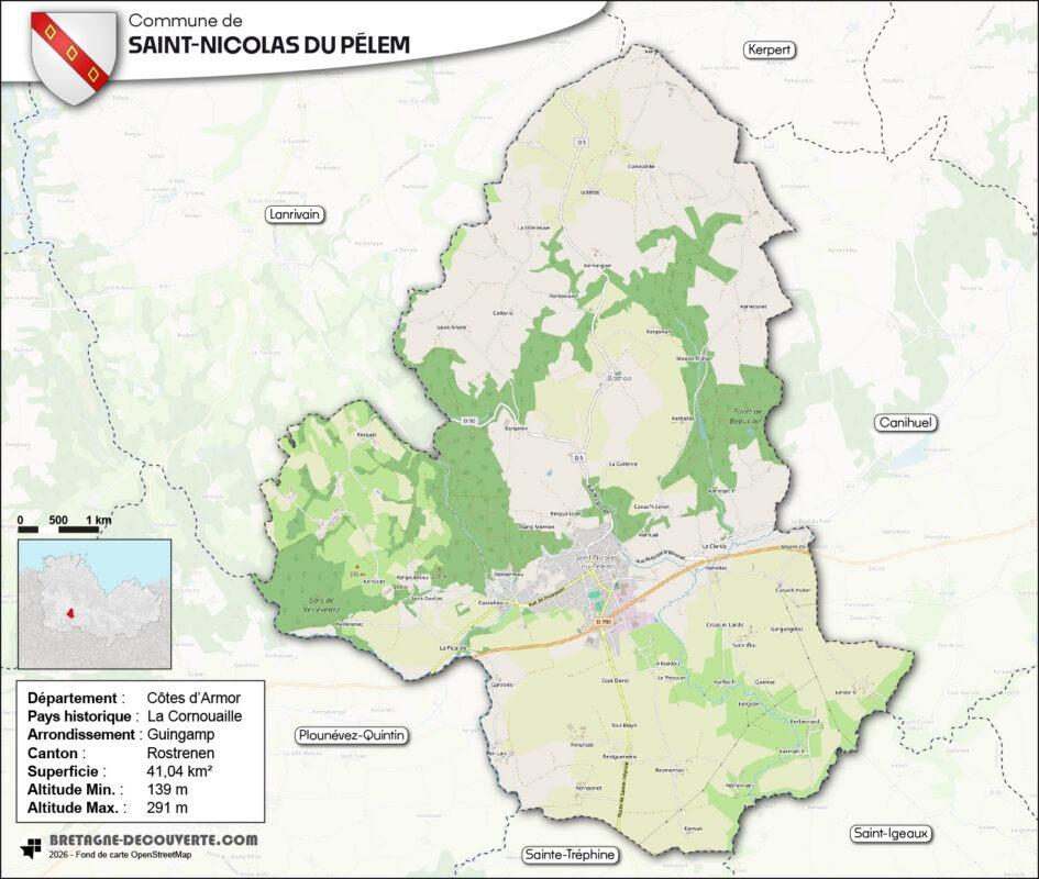 Carte de la commune de Saint-Nicolas-du-Pélem dans les Côtes d'Armor.