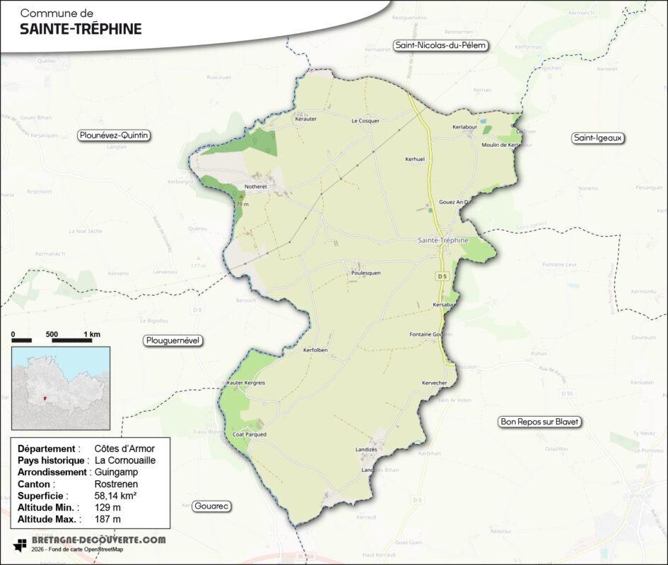 Carte de la commune de Sainte-Tréphine dans les Côtes d'Armor.