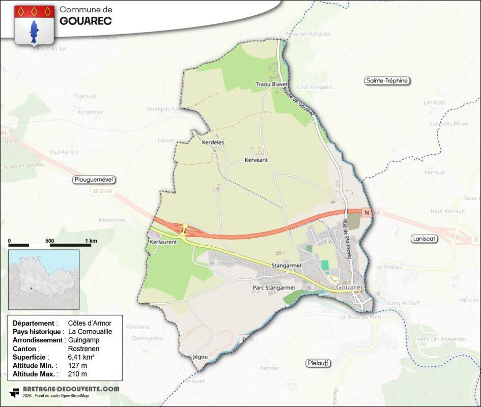 Carte de la commune de Gouarec dans les Côtes d'Armor.