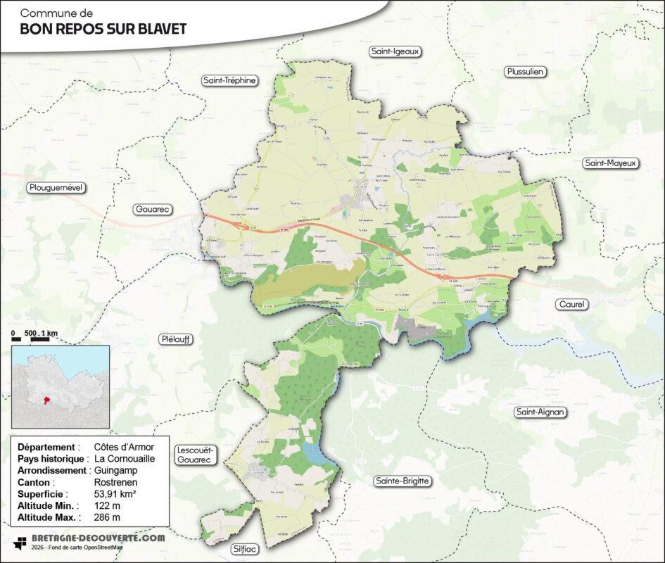 Carte de la commune de Bon-Repos-sur-Blavet dans les Côtes d'Armor.
